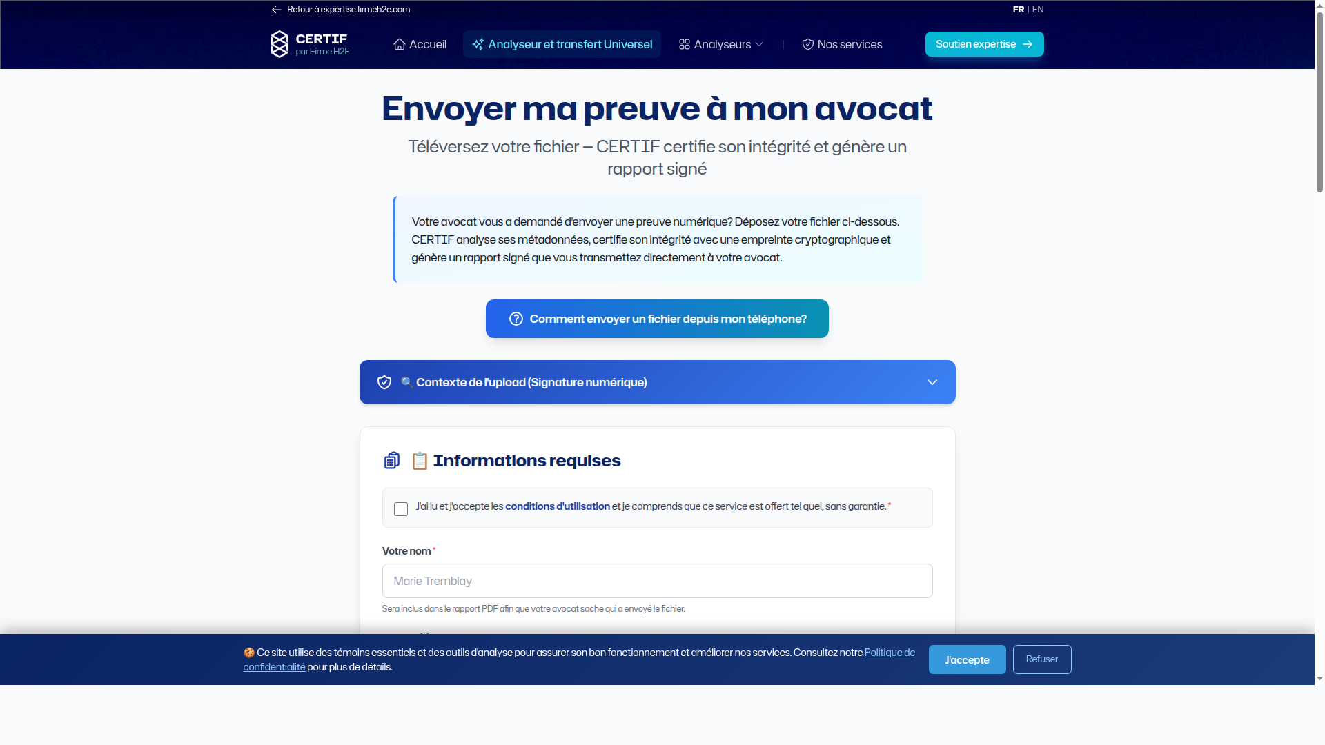 CERTIF - Formulaire d'envoi et d'analyse de preuve numérique